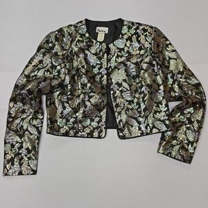 Vintage PATRA Womens Size 10 Black Metallic Floral Brocade Blazer Jacket Evening